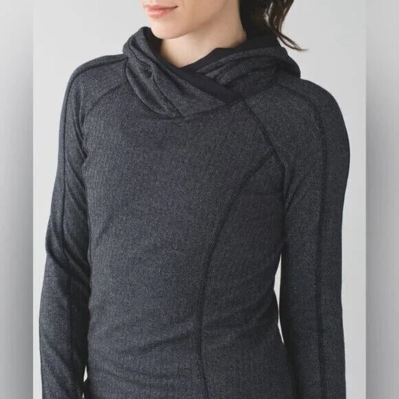 Lululemon Think Fast Hoodie Heathered Herringbone Pullover Black/Black Size 6 - Picture 4 of 12